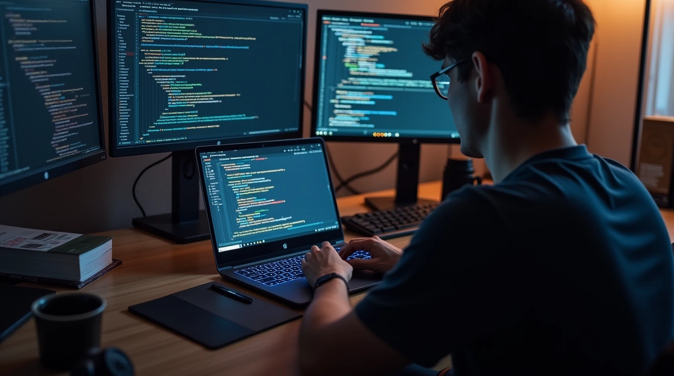 یک برنامه نویس در حال کار با لپ تاپ 