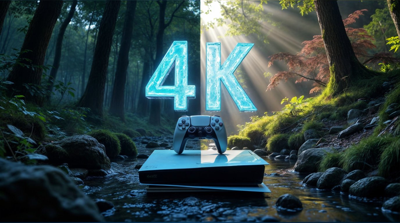 یک کنسول بازی در یک فضای سرسبز و علامت 4k