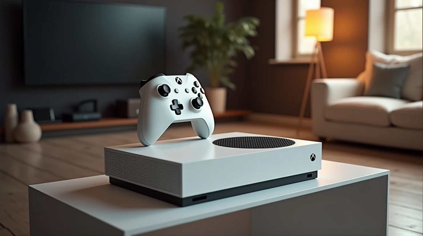 تصویری از یک کنسول Xbox Series S رو یک میز به همراه کنترلر محصوص