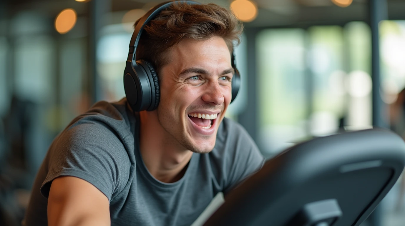 تصویری از یک شخص در حال استفاده از هدفون بی سیم و ورزش کردن