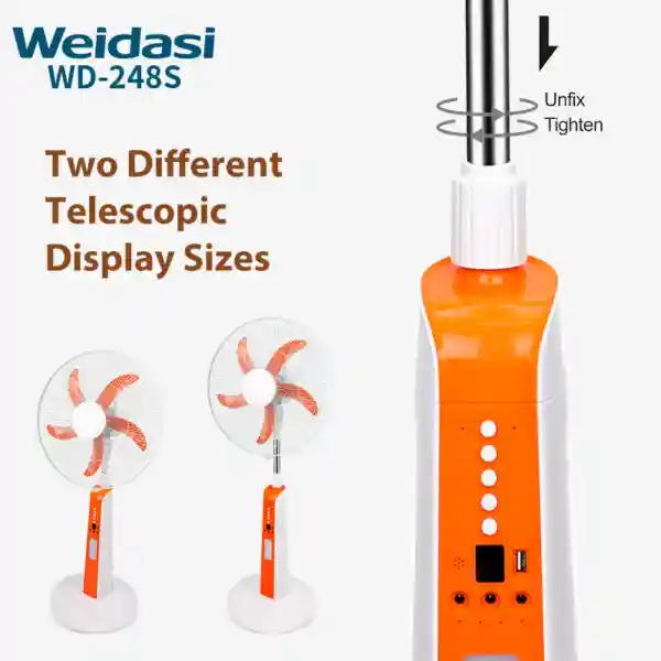 فن پایه شارژی 18 اینچی با پنکه برقی پایه LED نور SMD با پنل خورشیدی 10 وات