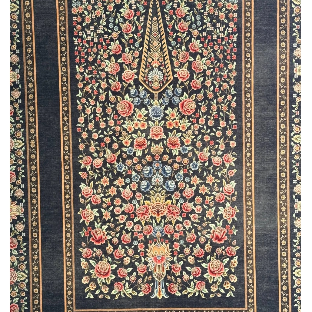 فرش ابریشم ماشینی ۷۷ رج کد باغ گل زغالی