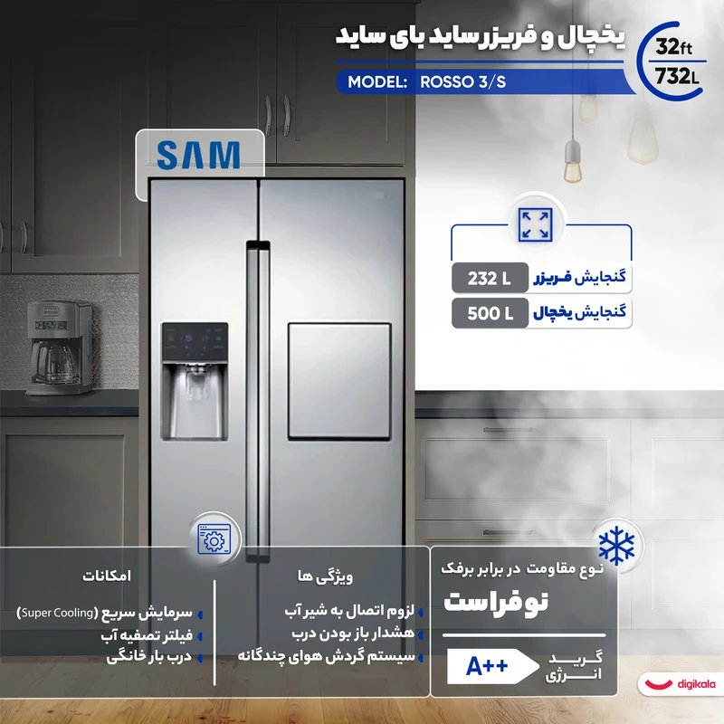 یخچال فریزر ساید بای ساید سام مدل ROSSO 3/S