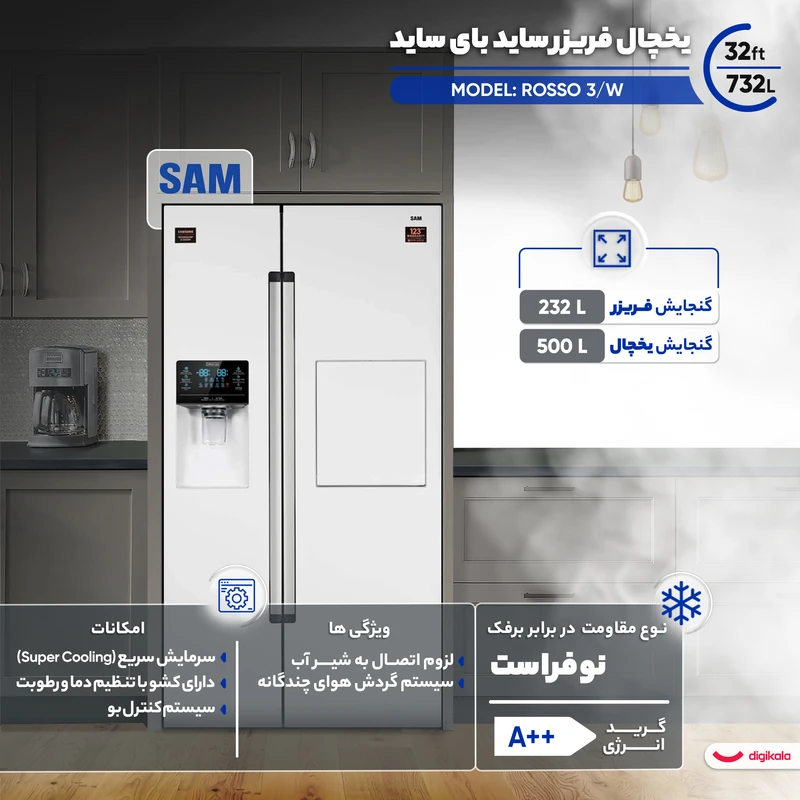 یخچال فریزر ساید بای ساید سام مدل ROSSO 3/W
