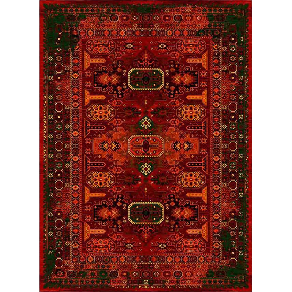 فرش ماشینی مدرن نارسیس طرح ترکمن کد 025 رنگ زمینه لاکی فاقد خواب