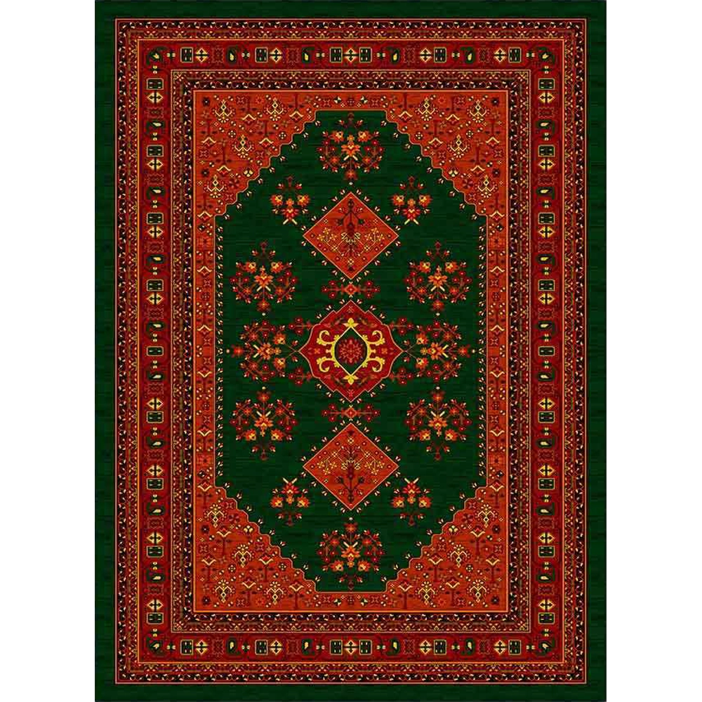 فرش ماشینی مدرن نارسیس طرح ترکمن کد 032 رنگ زمینه سبز فاقد خواب