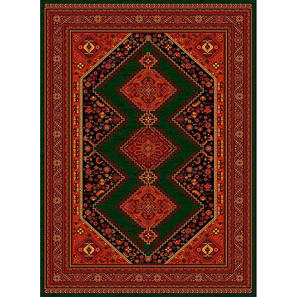 فرش ماشینی مدرن نارسیس طرح ترکمن کد 042 رنگ زمینه سبز فاقد خواب