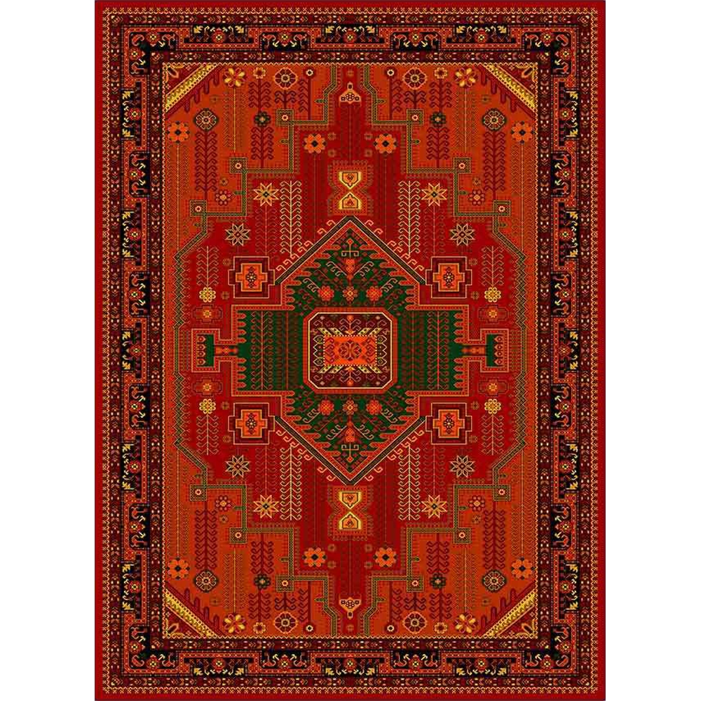 فرش ماشینی مدرن نارسیس طرح ترکمن کد 046 رنگ زمینه لاکی فاقد خواب