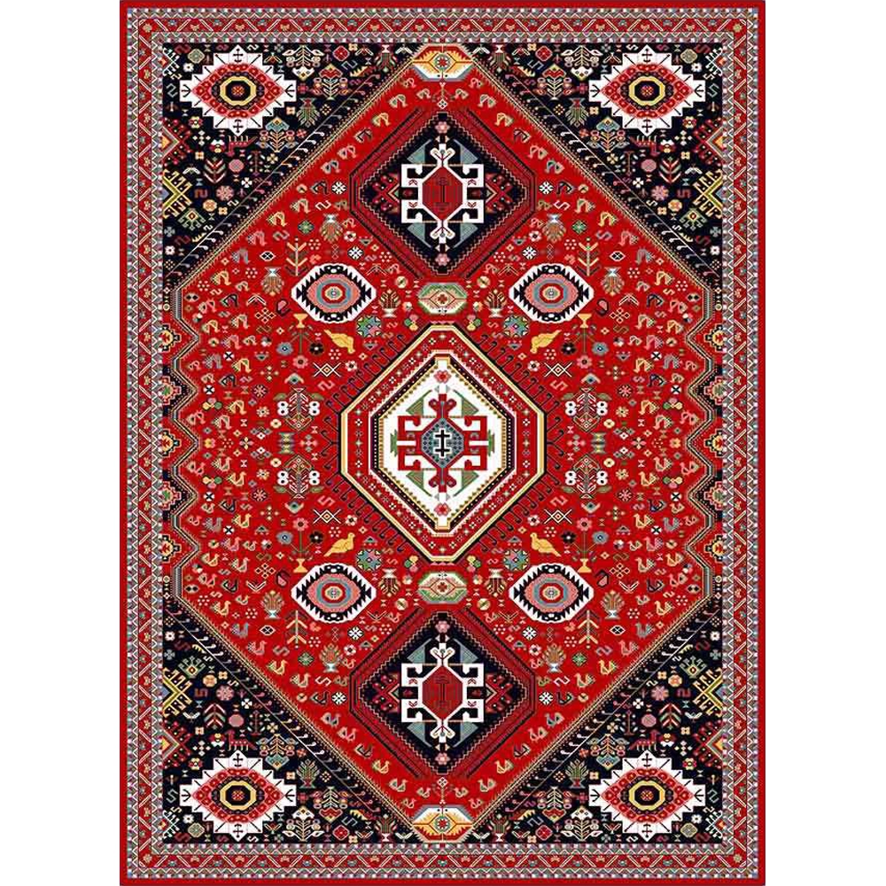 فرش ماشینی مدرن نارسیس طرح ترکمن کد 048 رنگ زمینه لاکی فاقد خواب