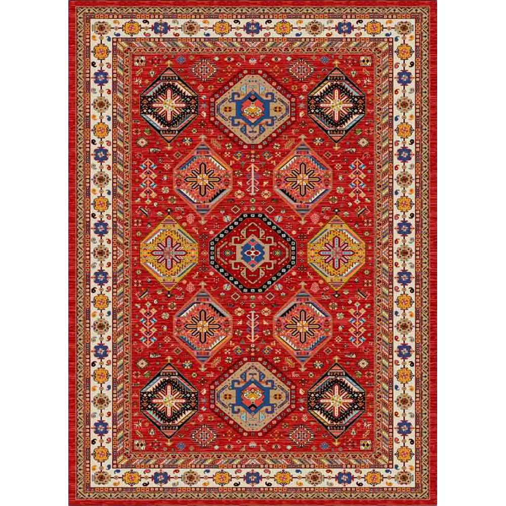 فرش ماشینی مدرن نارسیس طرح ترکمن کد 050 رنگ زمینه لاکی فاقد خواب