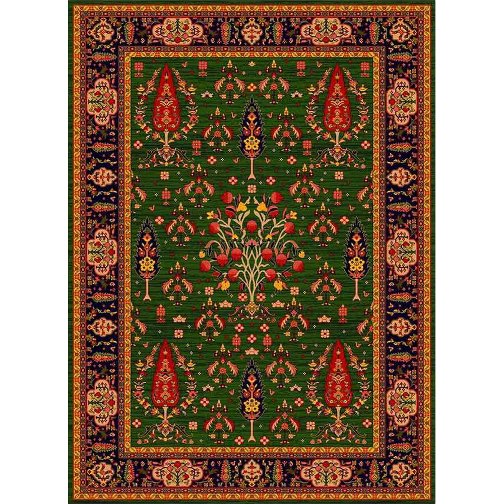 فرش ماشینی مدرن نارسیس طرح ترکمن کد 053 رنگ زمینه سبز فاقد خواب
