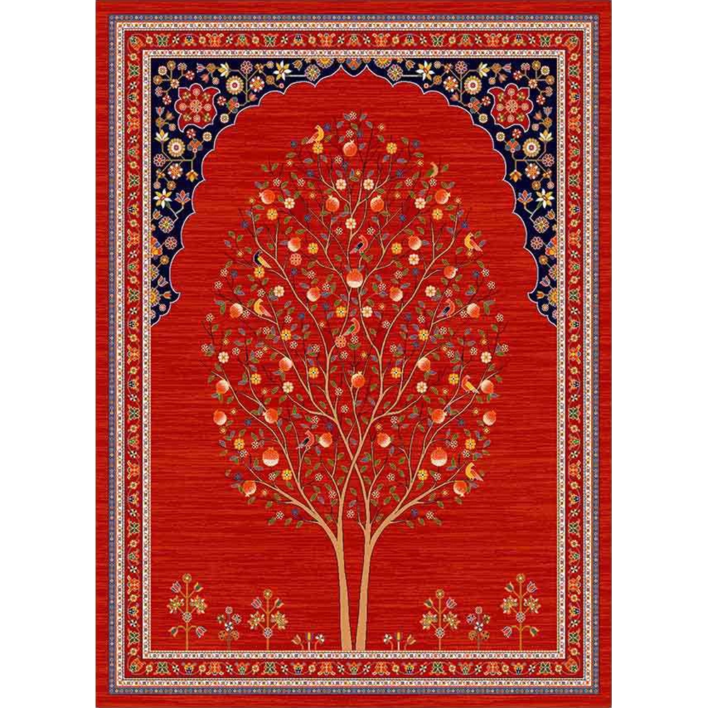 فرش ماشینی مدرن نارسیس طرح ترکمن کد 057 رنگ زمینه لاکی فاقد خواب