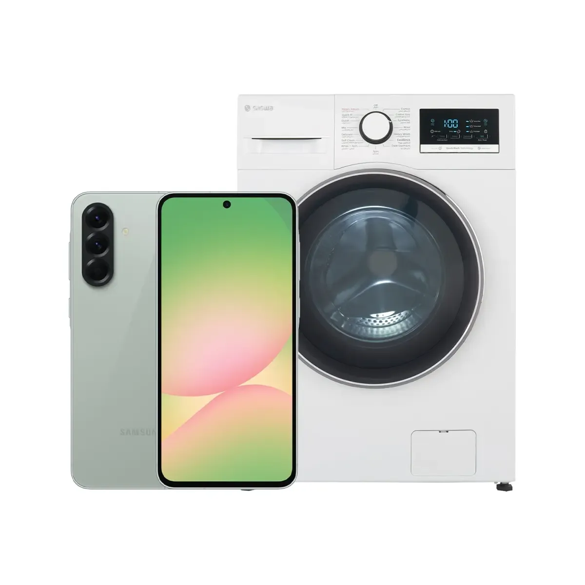 پک ویژه طلایی گوشی موبایل سامسونگ Galaxy A56 مشکی ظرفیت 256 گیگابایت و رم 12 گیگابایت - ویتنام و ماشین لباسشویی سفید اسنوا سری آرین