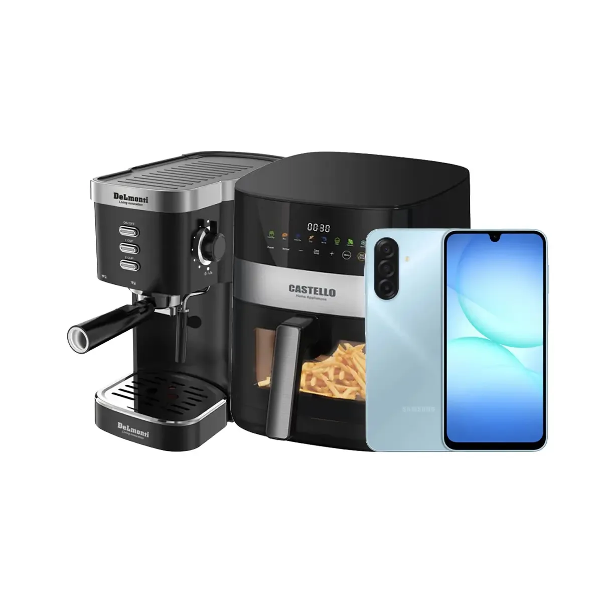پک ویژه طلایی گوشی موبایل سامسونگ Galaxy A17 4G ظرفیت 128 گیگابایت - ویتنام و سرخ کن بدون روغن کاستلو مدل CL835 و اسپرسو ساز 4 کاره دلمونتی مدل DL635